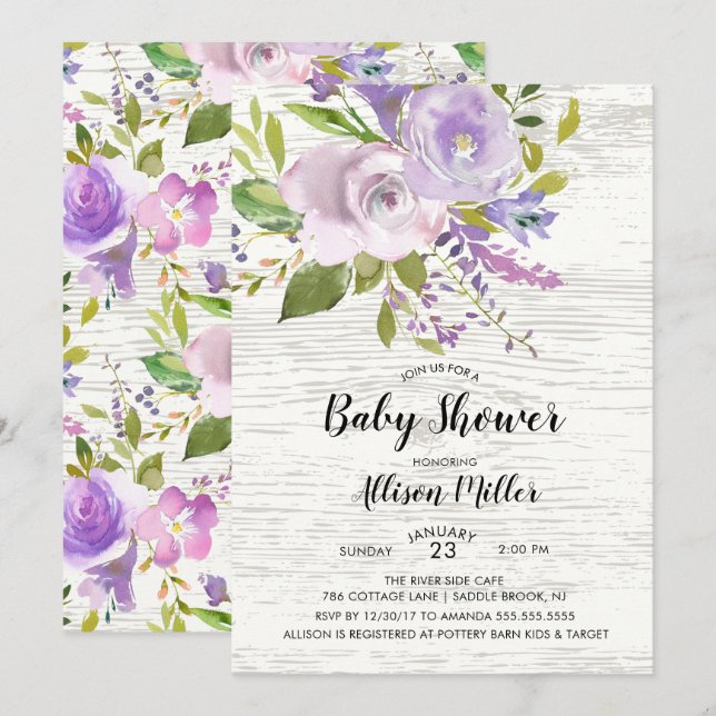 Inbjudan till Rustic Lavender Blommigt Baby Shower (Fram/baksida)
