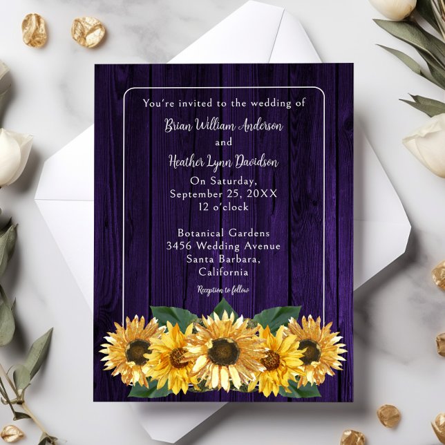Inbjudan till Rustic Lila Solrosbröllop (Purple Rustic Sunflower Wedding Invitation)