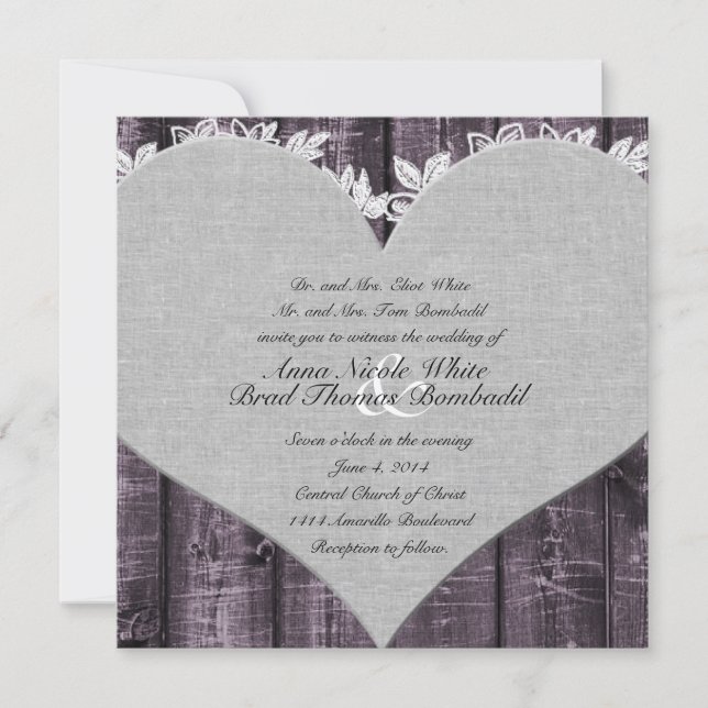 Inbjudan till Rustic Lila Wood Heart Wedding (Framsida)
