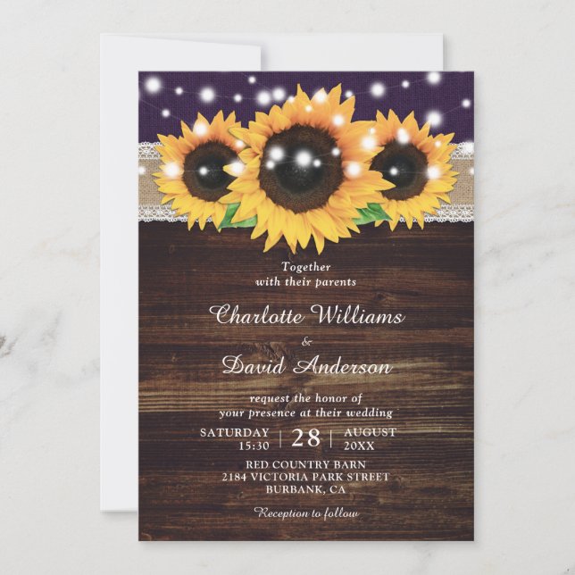 Inbjudan till Rustic Lila Wood Solros Wedding (Framsida)