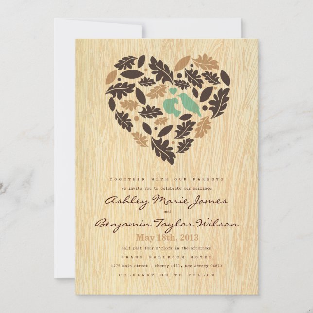Inbjudan till Rustic Love Bird Löv och Heart Weddi (Framsida)