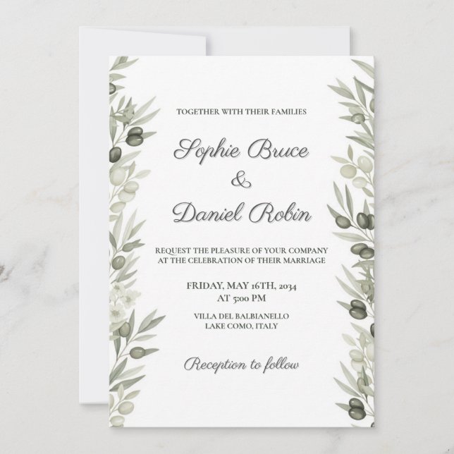 Inbjudan till Rustic Olive Gren och Blommigt Weddi (Framsida)