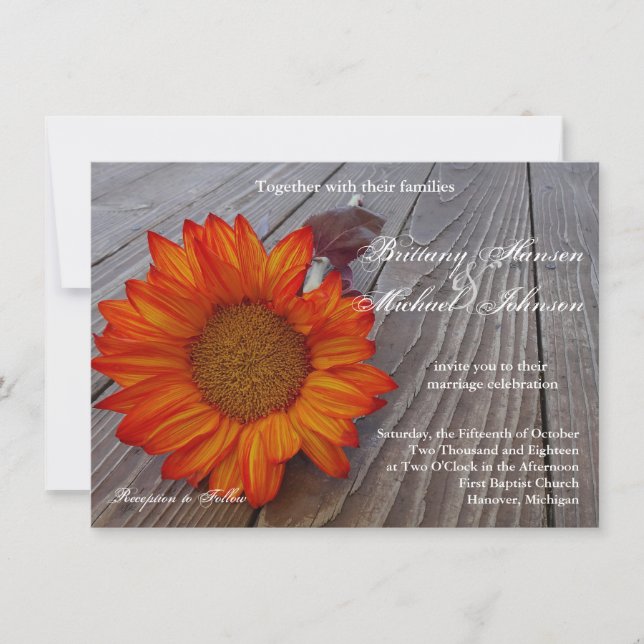 Inbjudan till Rustic Orange Red Solros Wedding (Framsida)