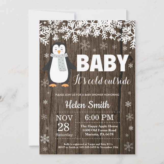 Inbjudan till Rustic Penguin Winter Baby Shower (Framsida)