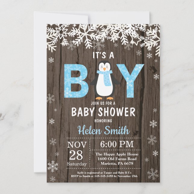 Inbjudan till Rustic Penguin Winter Boy Baby Showe (Framsida)