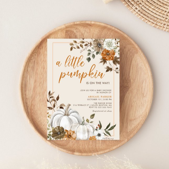 Inbjudan till Rustic Pumpkin Baby Shower-Blommigt  (Fall Rustic Floral Pumpkin Baby Shower Invitation, Rust and Burnt orange floral invite)