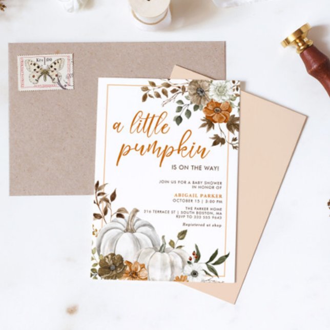 Inbjudan till Rustic Pumpkin Baby Shower-Blommigt  (Fall Rustic Floral Pumpkin Baby Shower Invite)