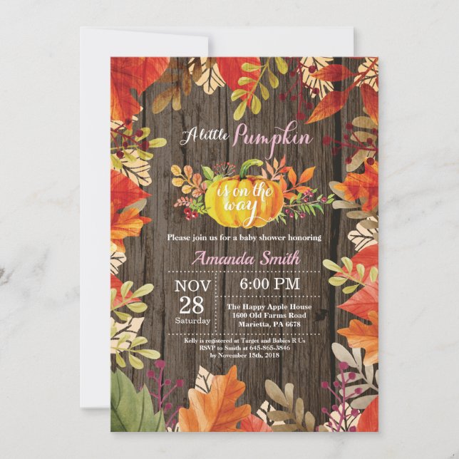 Inbjudan till Rustic Pumpkin Fall Girl Baby Shower (Framsida)