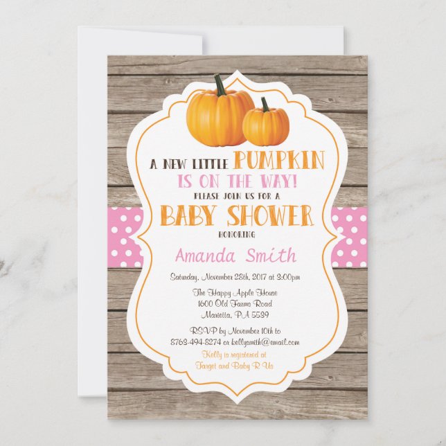 Inbjudan till Rustic Pumpkin Fall Girl Baby Shower (Framsida)