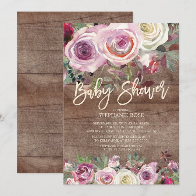 Inbjudan till Rustic Ro Lila Blommigt Baby Shower (Fram/baksida)