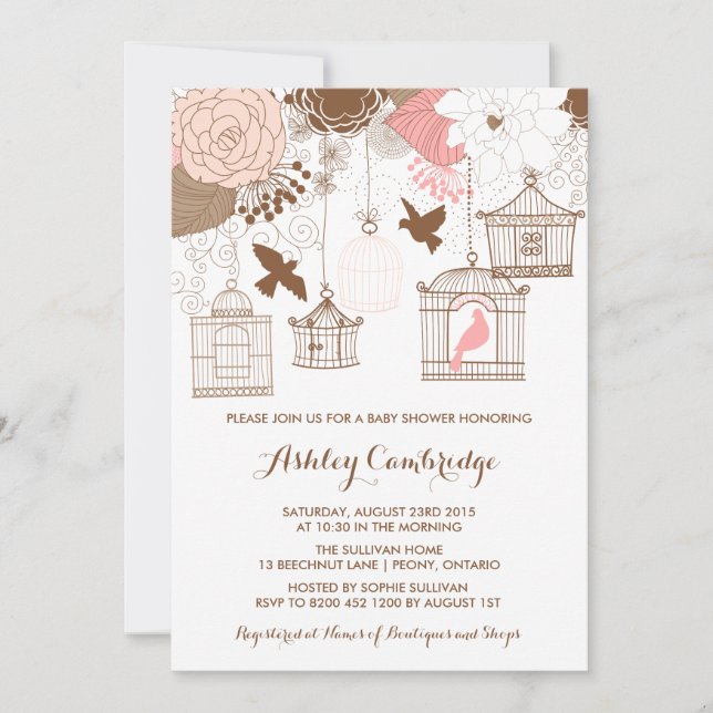 Inbjudan till Rustic Rosa Birdcages Baby Shower (Framsida)