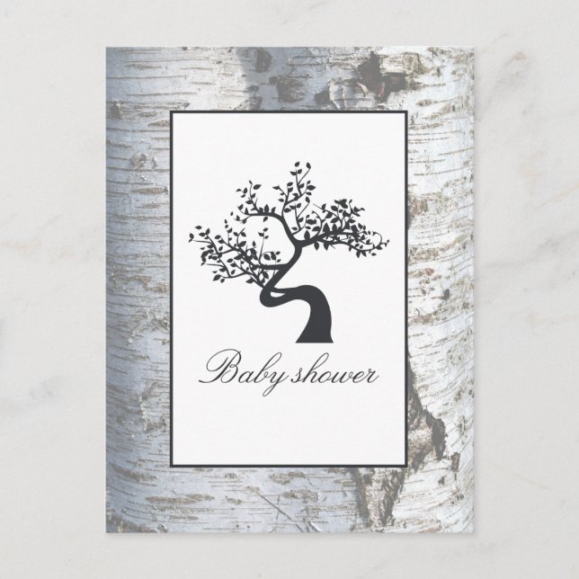 Inbjudan till Rustic Silver Birch Träd Baby Shower Vykort (Framsida)