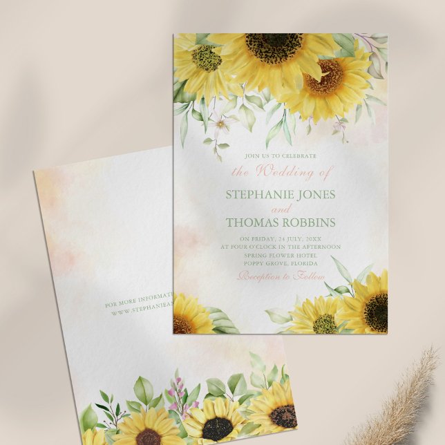 Inbjudan till Rustic Solros Delight Wedding (Rustic Sunflower Delight Wedding Invitation on a table.)