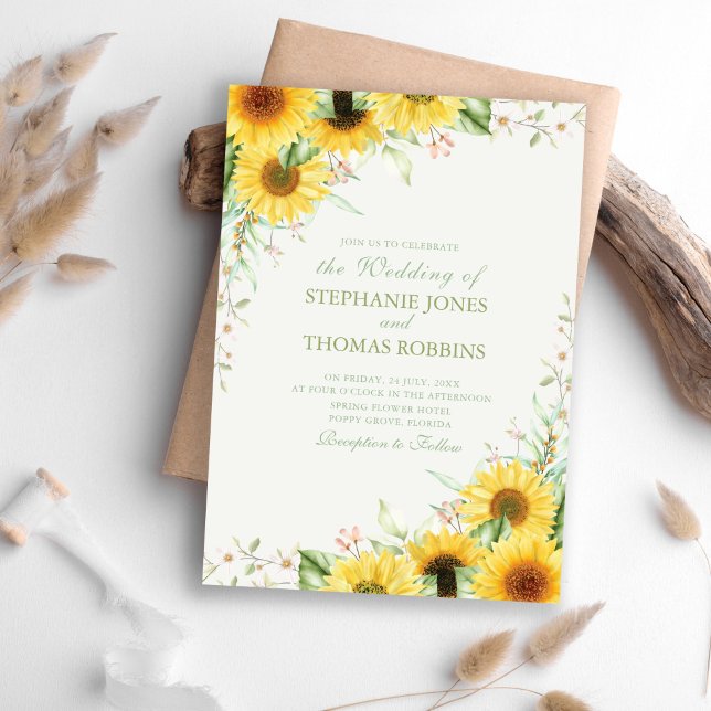 Inbjudan till Rustic Solros Delight Wedding (Rustic Sunflower Delight Wedding Invitation on a boho table.)