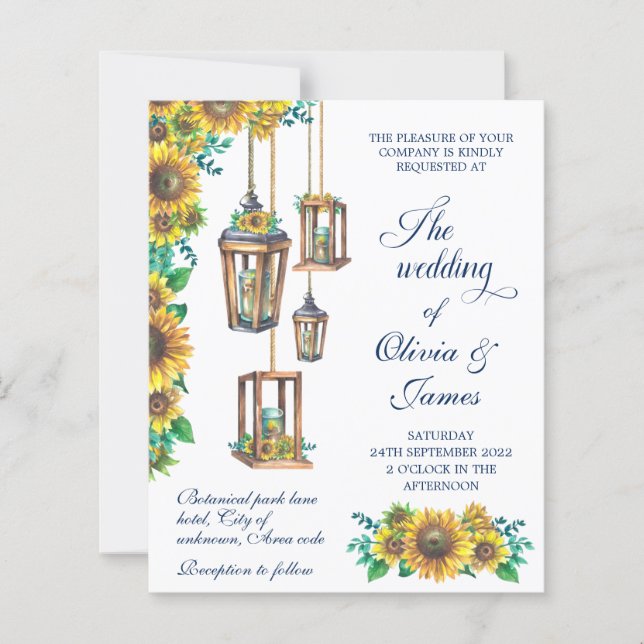 Inbjudan till Rustic Solros Lanternor navy Wedding (Framsida)