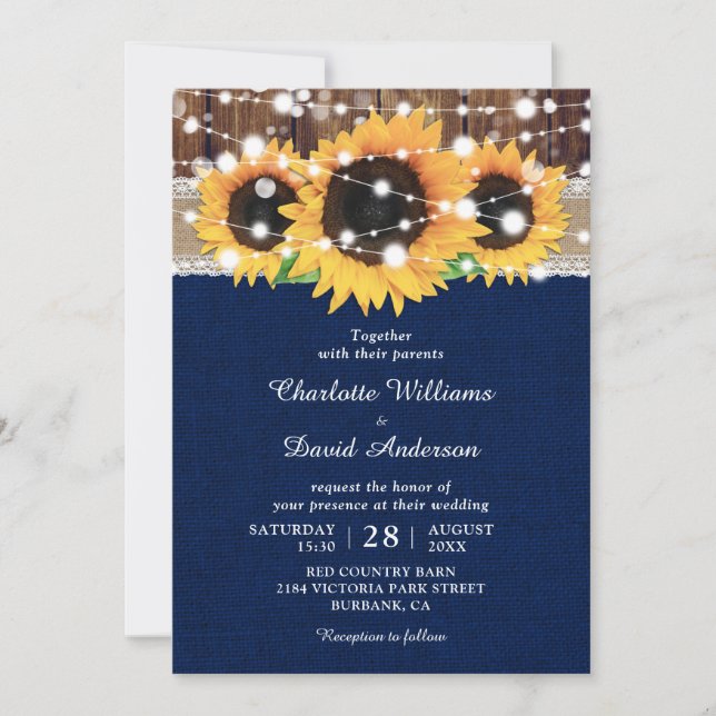 Inbjudan till Rustic Solros och marinblå bröllop (Framsida)