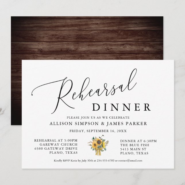 Inbjudan till Rustic Solros Rehearsal Dinner (Fram/baksida)