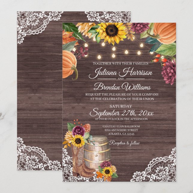Inbjudan till Rustic Solros Wood Fall Wedding (Fram/baksida)