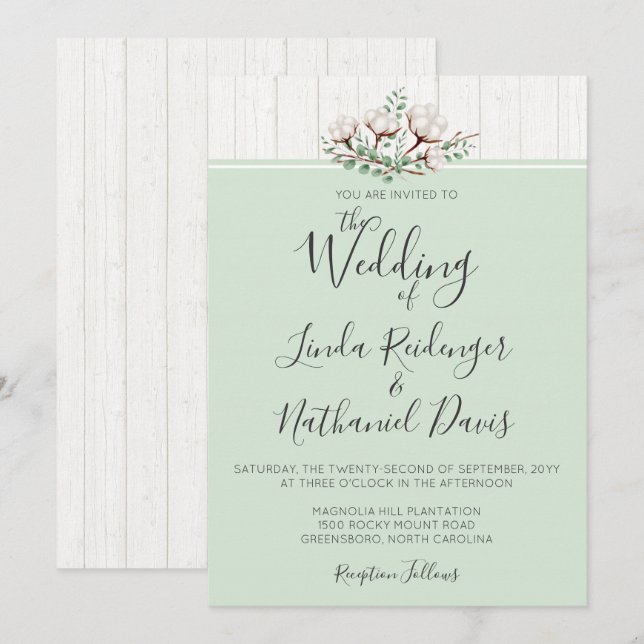 Inbjudan till Rustic Southern Cotton & Wood Weddin (Fram/baksida)