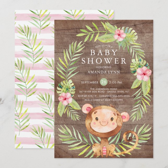 Inbjudan till Rustic Sweet Monkey Girl Shower (Fram/baksida)