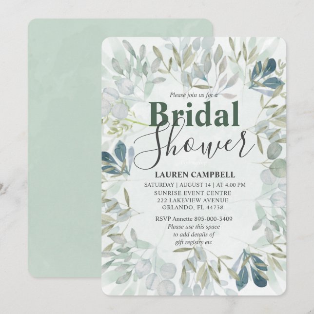 Inbjudan till Rustic Watercolor Eucalyptus Greener (Fram/baksida)