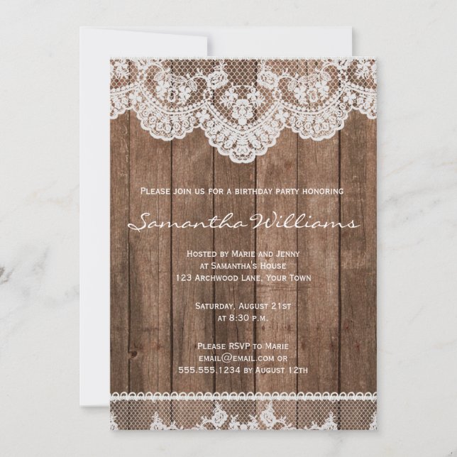 Inbjudan till Rustic White Snöre och Wood Birthday (Framsida)