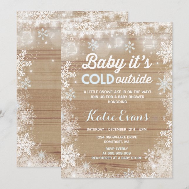 Inbjudan till Rustic Winter Baby Shower Blue & Whi (Fram/baksida)