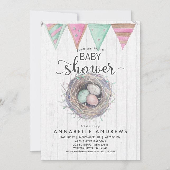 Inbjudan till Rustic Wood & Bird Nest Baby Shower (Framsida)