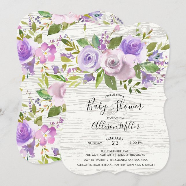 Inbjudan till Rustic Wood Lavender Blommigt Baby S (Fram/baksida)