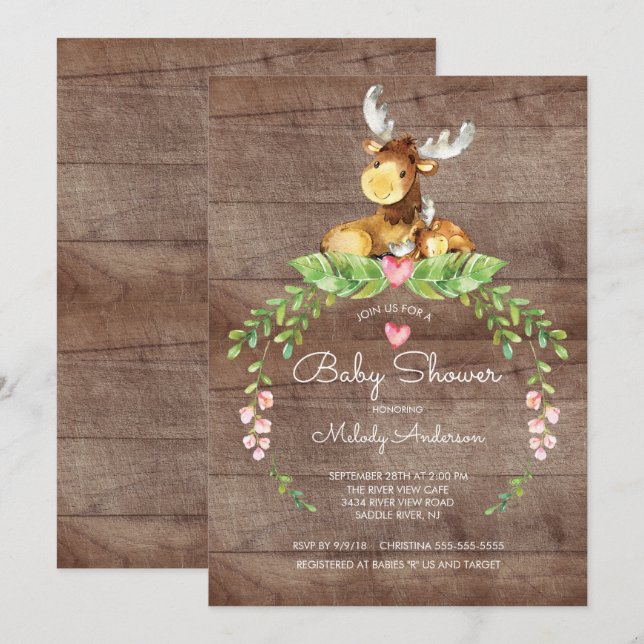 Inbjudan till Rustic Woodland Moose Baby Shower (Fram/baksida)