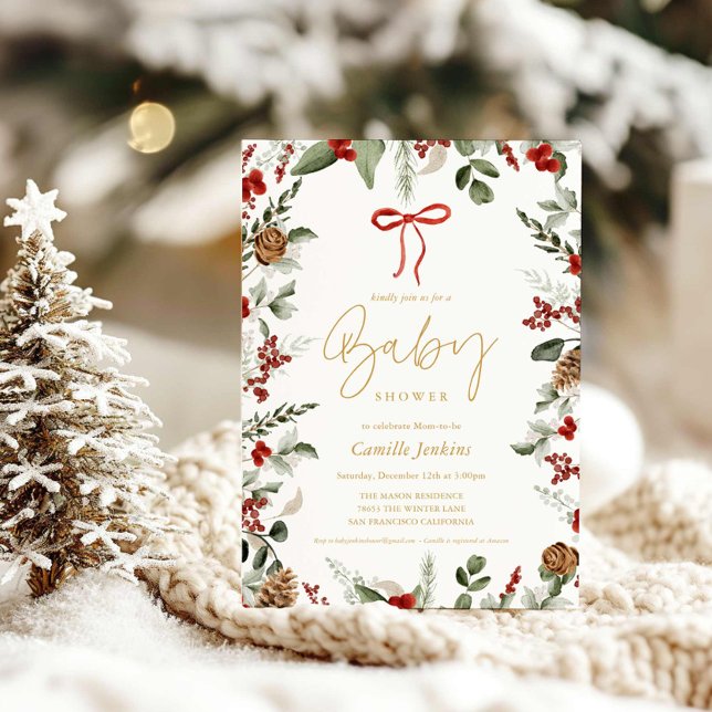 Inbjudan till RusticWinter-juljubilen Baby Shower (Rustic Greenery Baby Shower Invitation)