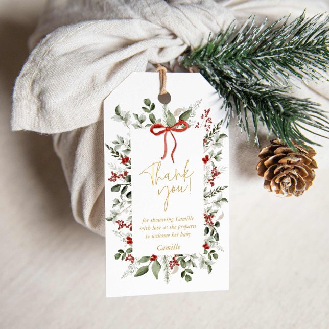 Inbjudan till RusticWinter-juljubilen Baby Shower Presentetikett (Rustic Winter Baby Shower Thank you Tag)