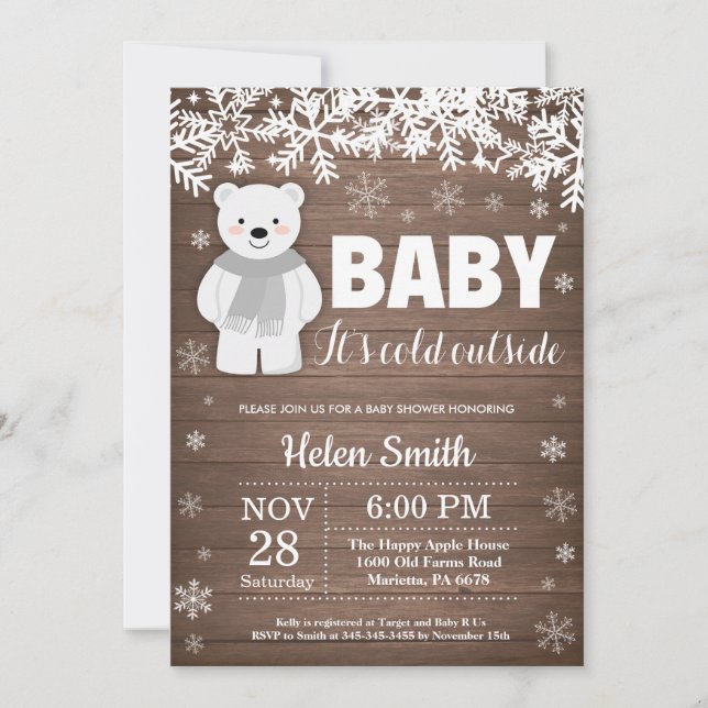 Inbjudan till Rustik Polar Bear Winter Baby Shower (Framsida)