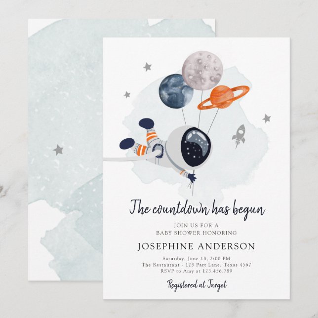 Inbjudan till rymden Astronaut Boy Baby Shower (Fram/baksida)