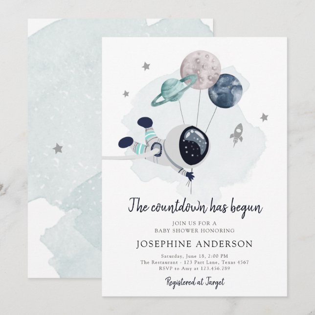 Inbjudan till rymden Astronaut Boy Baby Shower (Fram/baksida)