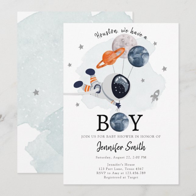 Inbjudan till rymden Astronaut Boy Baby Shower (Fram/baksida)