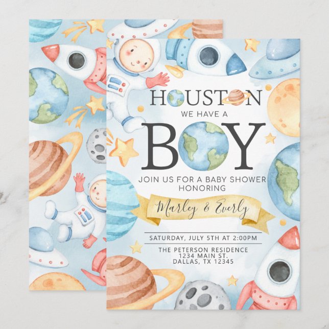 Inbjudan till rymden Boy Baby Shower (Fram/baksida)