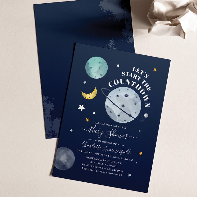 Inbjudan till rymden Boy Baby Shower (Outer Space Script Countdown Baby Shower Invitation)