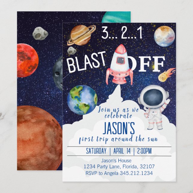 Inbjudan till rymden på födelsedagen (Fram/baksida)