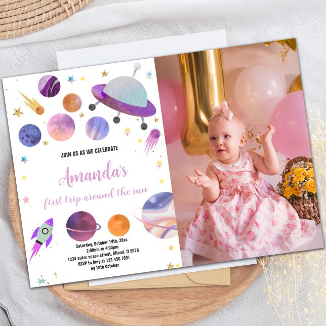 Inbjudan till rymden på födelsedagen med foto (Purple Outer Space Birthday Invitations with photo)
