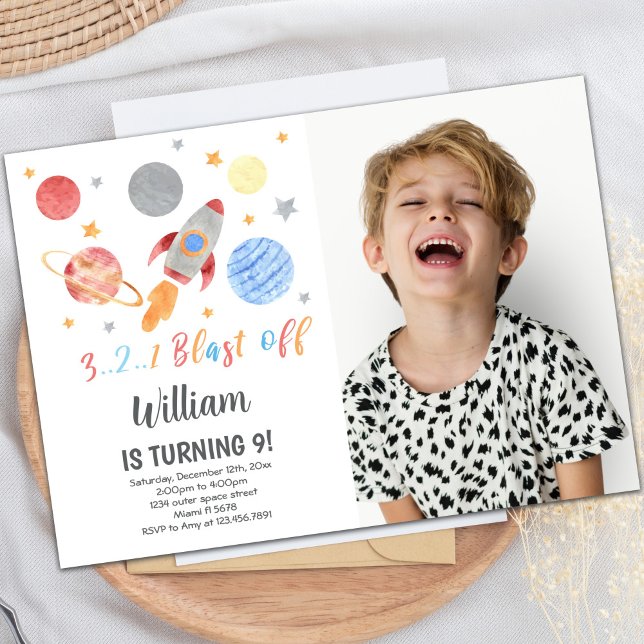 Inbjudan till rymden på födelsedagen med foto (123 blast off Outer Space Birthday Invitations pho)