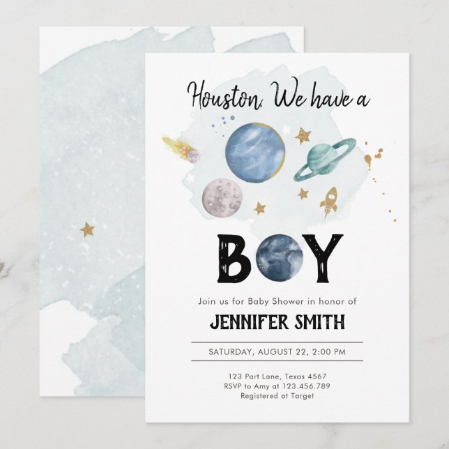 Inbjudan till rymden Planets Boy Baby Shower (Fram/baksida)