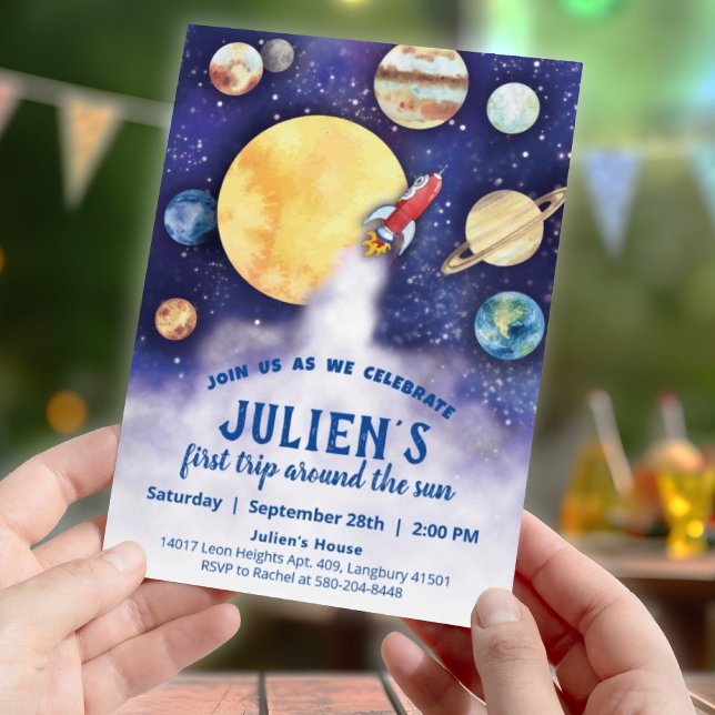 Inbjudan till rymdplan för första Födelsedagsfeste (First Trip Around The Sun | Baby's First Birthday Invitation | Space, Planets, Solar System)