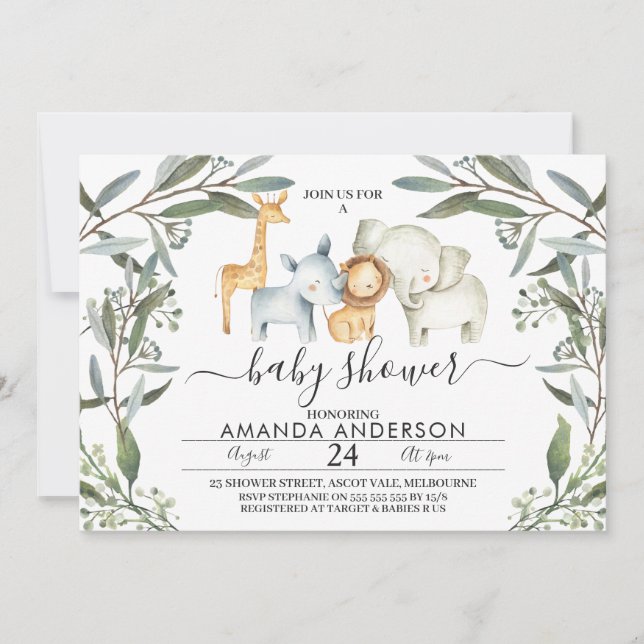 Inbjudan till Safari Animals Foliage Baby Shower (Framsida)
