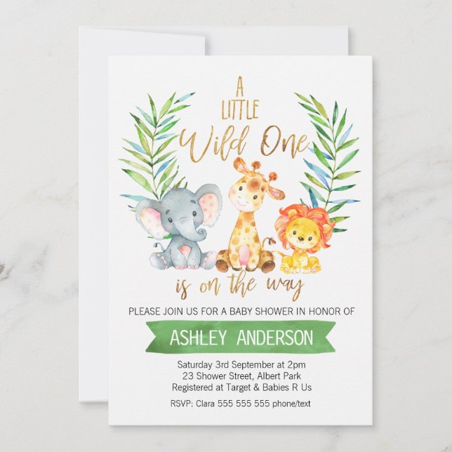 Inbjudan till Safari Animals Watercolor Baby Showe (Framsida)