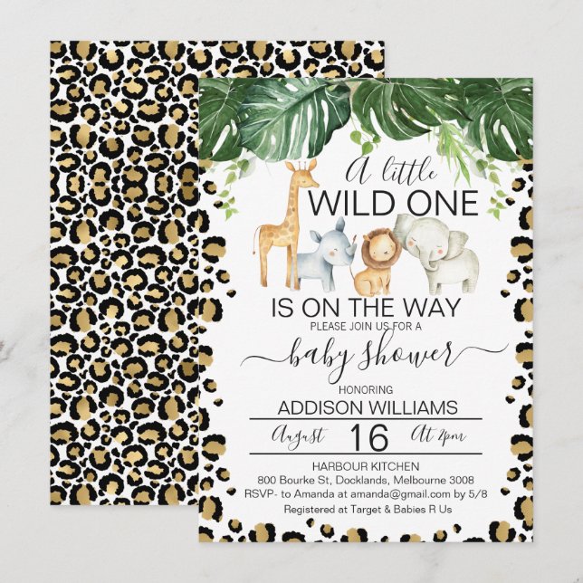 Inbjudan till safari-djur Leopard Skin Baby Shower (Fram/baksida)