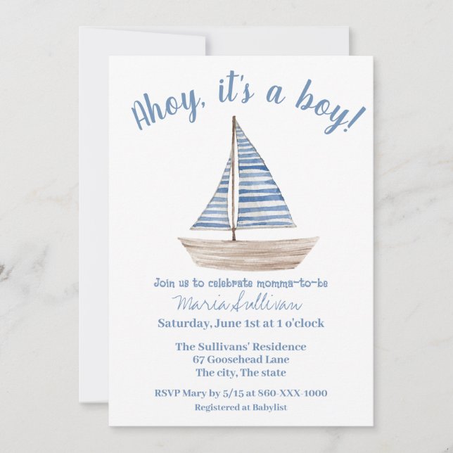 Inbjudan till SAILBOAT Pojke Shower (Framsida)