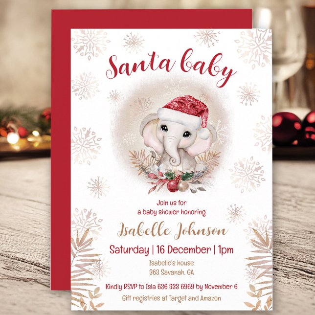 Inbjudan till Santa Baby Elephant Girl Baby Shower (Santa Baby Elephant Girl Baby Shower Invitation)