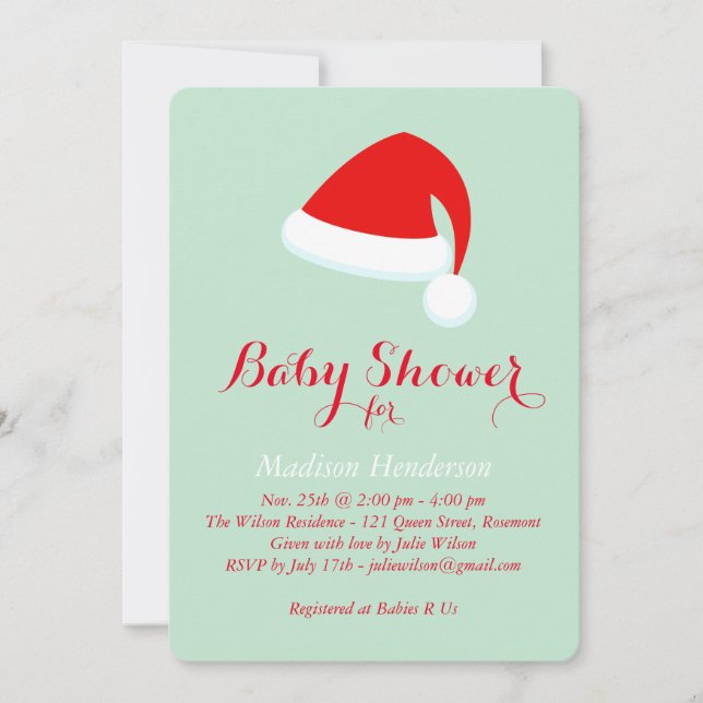 Inbjudan till Santa Baby Shower - rött och grönt (Framsida)