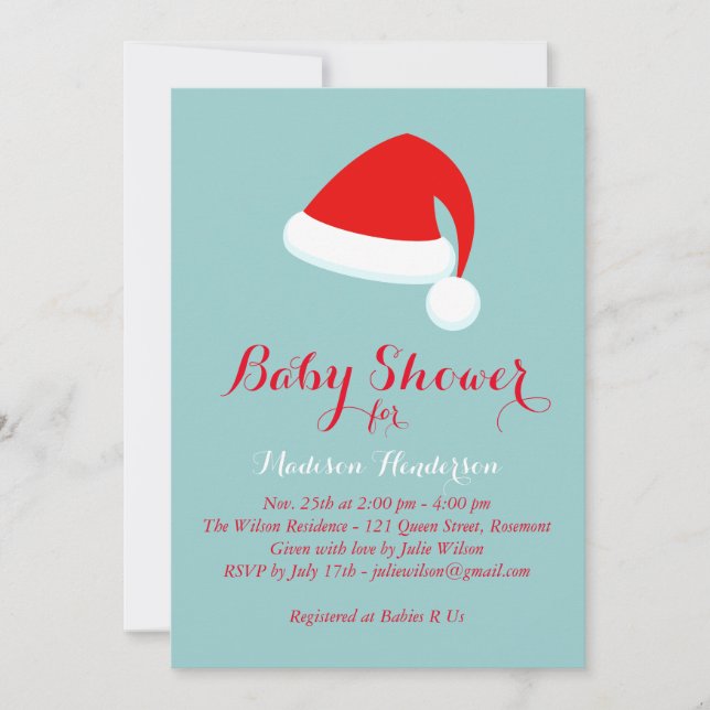 Inbjudan till Santa Baby Shower - rött och turkos (Framsida)